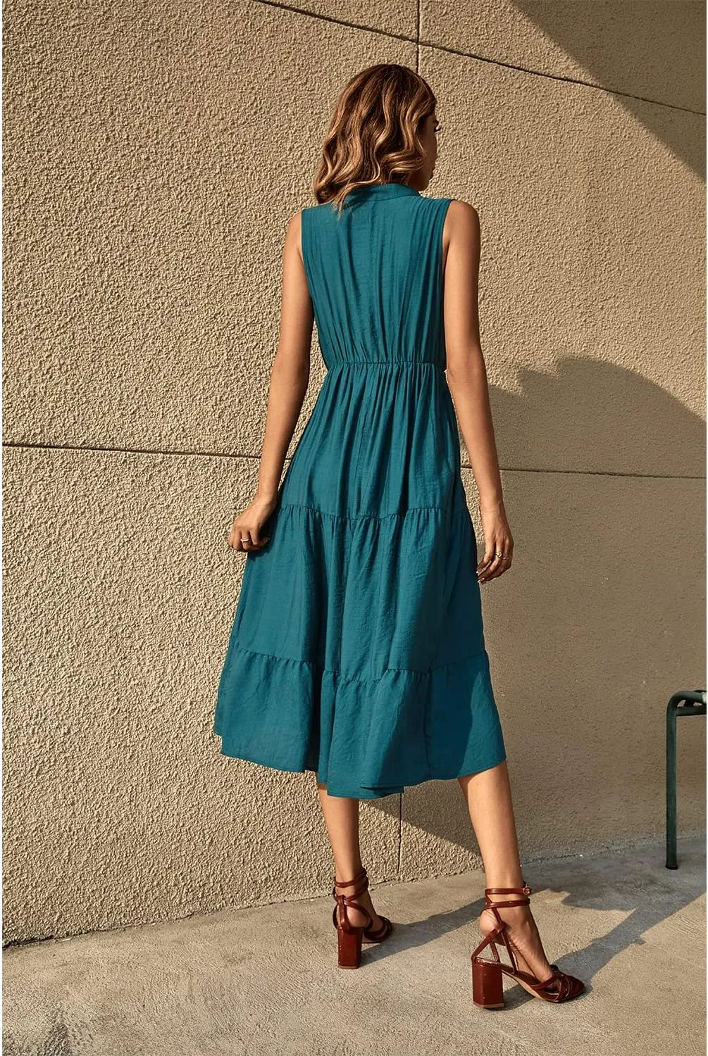 BROVAVE Womens 2025 Summer Sleeveless Shirt Dress Collar Striped V Neck Casual Midi Dresses