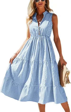 BROVAVE Womens 2025 Summer Sleeveless Shirt Dress Collar Striped V Neck Casual Midi Dresses