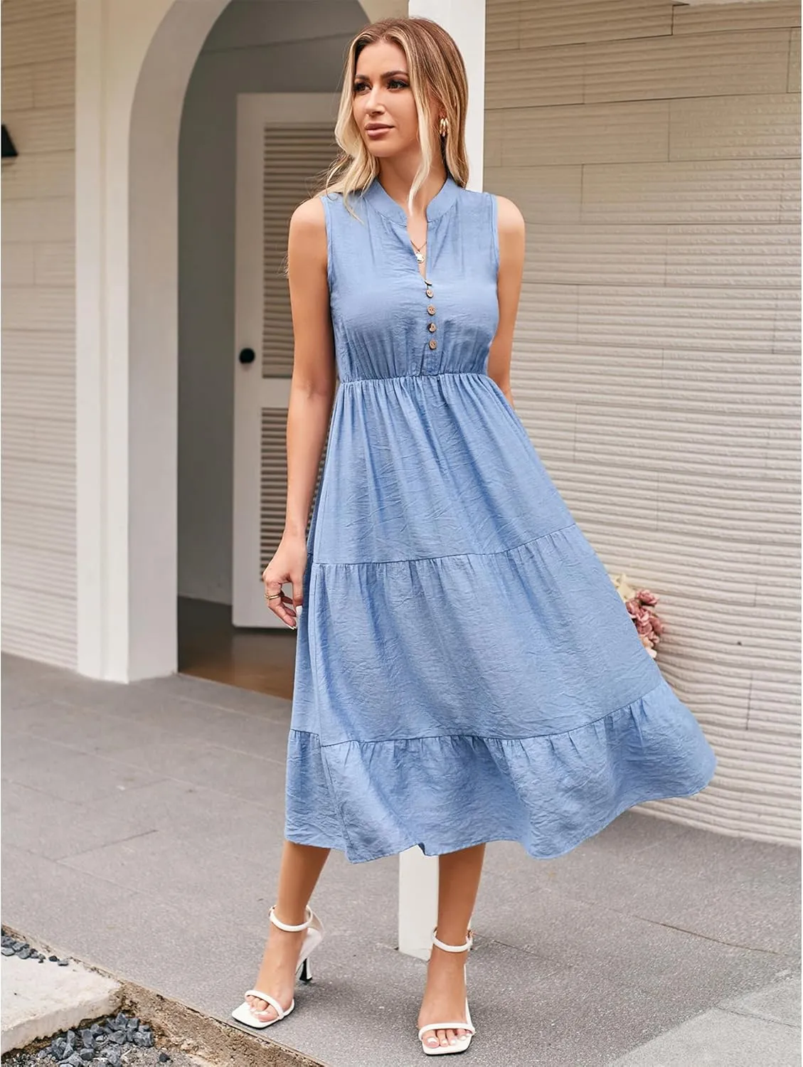 BROVAVE Womens 2025 Summer Sleeveless Shirt Dress Collar Striped V Neck Casual Midi Dresses