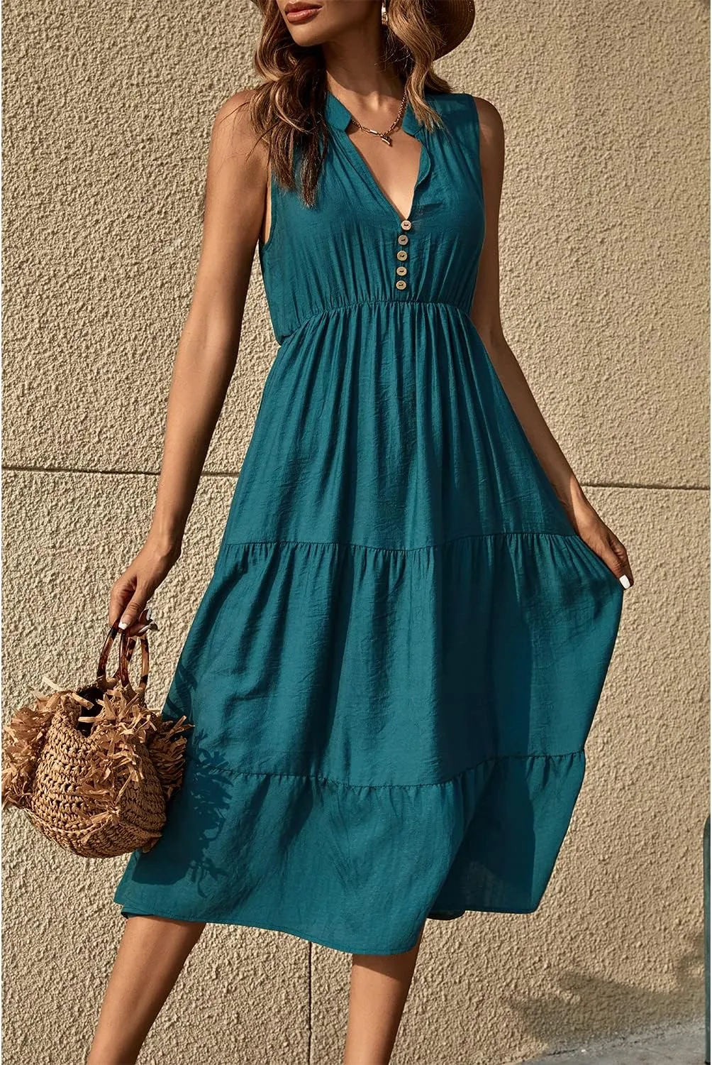 BROVAVE Womens 2025 Summer Sleeveless Shirt Dress Collar Striped V Neck Casual Midi Dresses