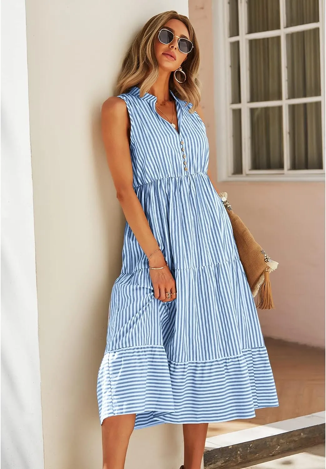 BROVAVE Womens 2025 Summer Sleeveless Shirt Dress Collar Striped V Neck Casual Midi Dresses