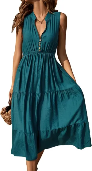 BROVAVE Womens 2025 Summer Sleeveless Shirt Dress Collar Striped V Neck Casual Midi Dresses