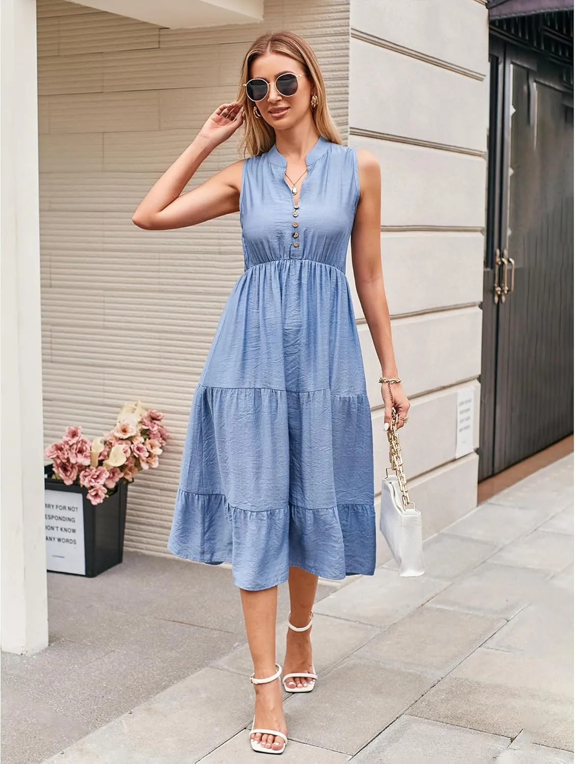 BROVAVE Womens 2025 Summer Sleeveless Shirt Dress Collar Striped V Neck Casual Midi Dresses