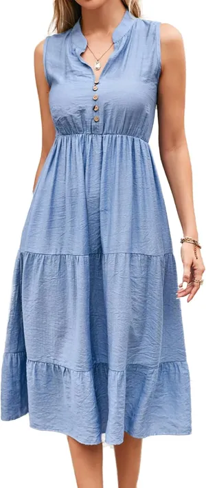 BROVAVE Womens 2025 Summer Sleeveless Shirt Dress Collar Striped V Neck Casual Midi Dresses