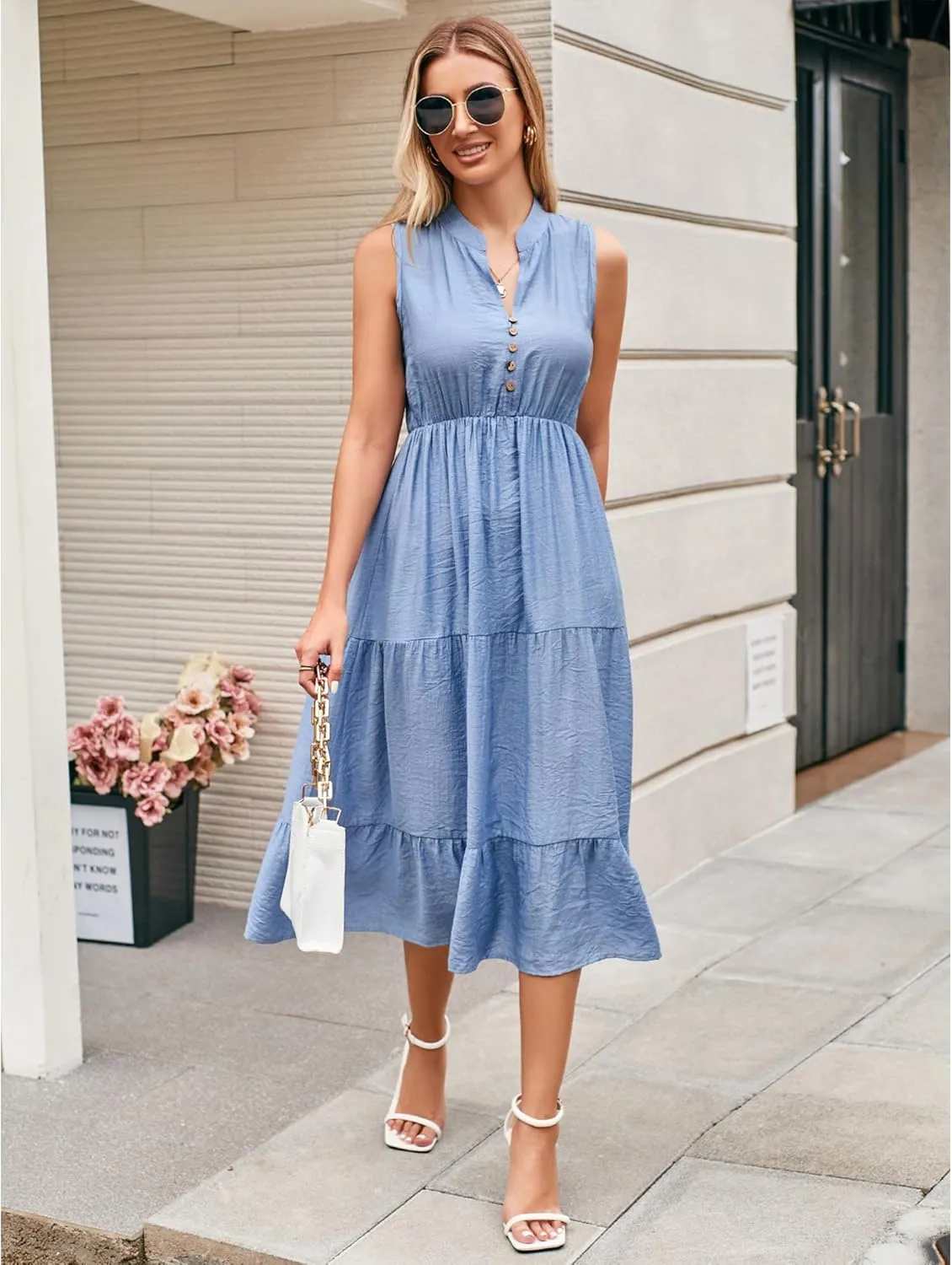 BROVAVE Womens 2025 Summer Sleeveless Shirt Dress Collar Striped V Neck Casual Midi Dresses