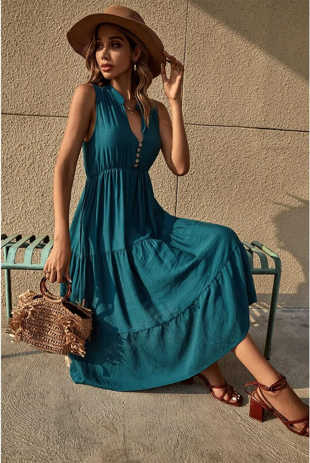 BROVAVE Womens 2025 Summer Sleeveless Shirt Dress Collar Striped V Neck Casual Midi Dresses
