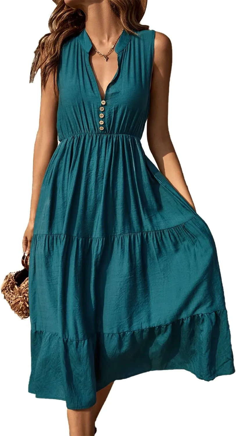 BROVAVE Womens 2025 Summer Sleeveless Shirt Dress Collar Striped V Neck Casual Midi Dresses