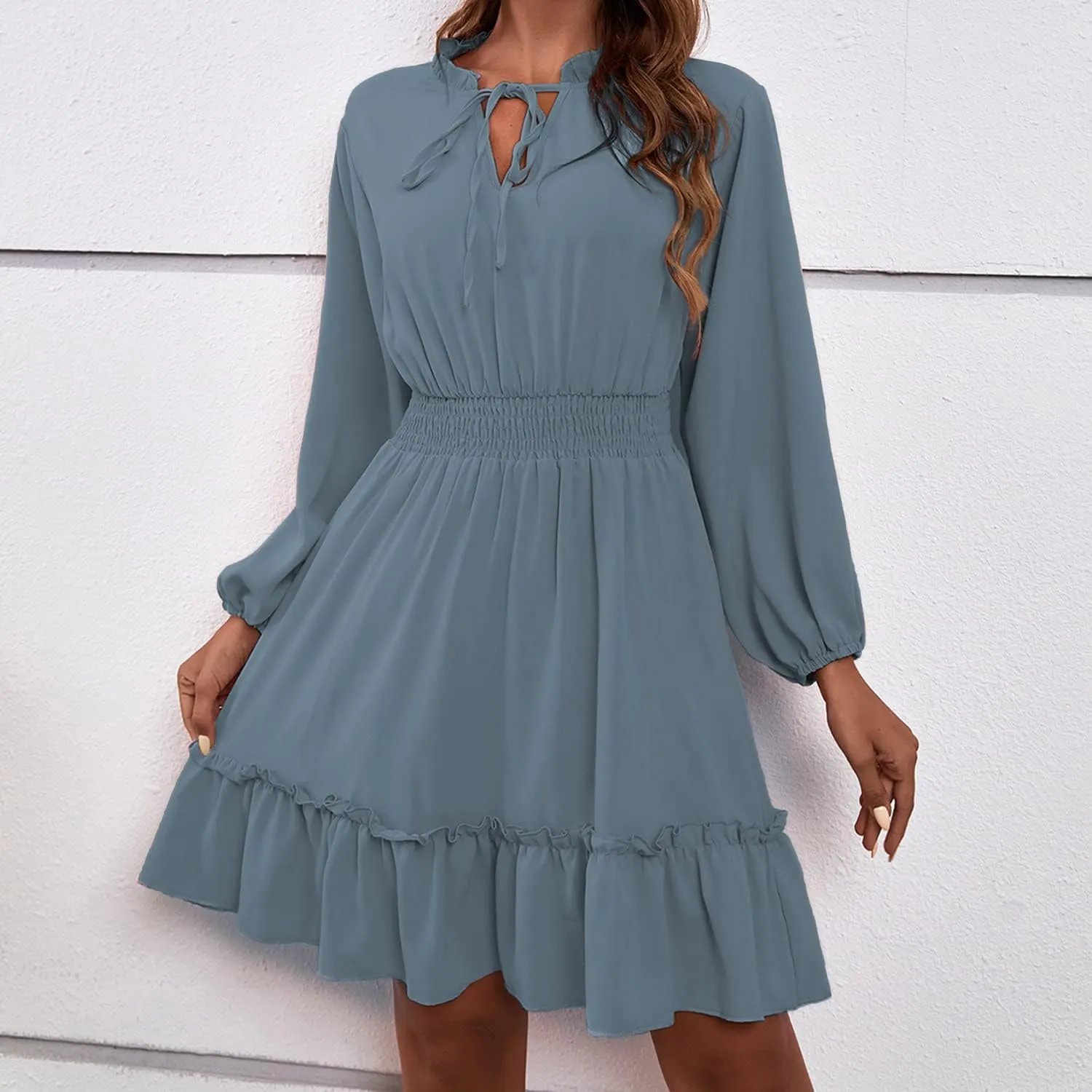 BROVAVE Women's Spring Summer Casual V-Neck Tunic Dress Ruffle High Waist Long Sleeve Mini Dress