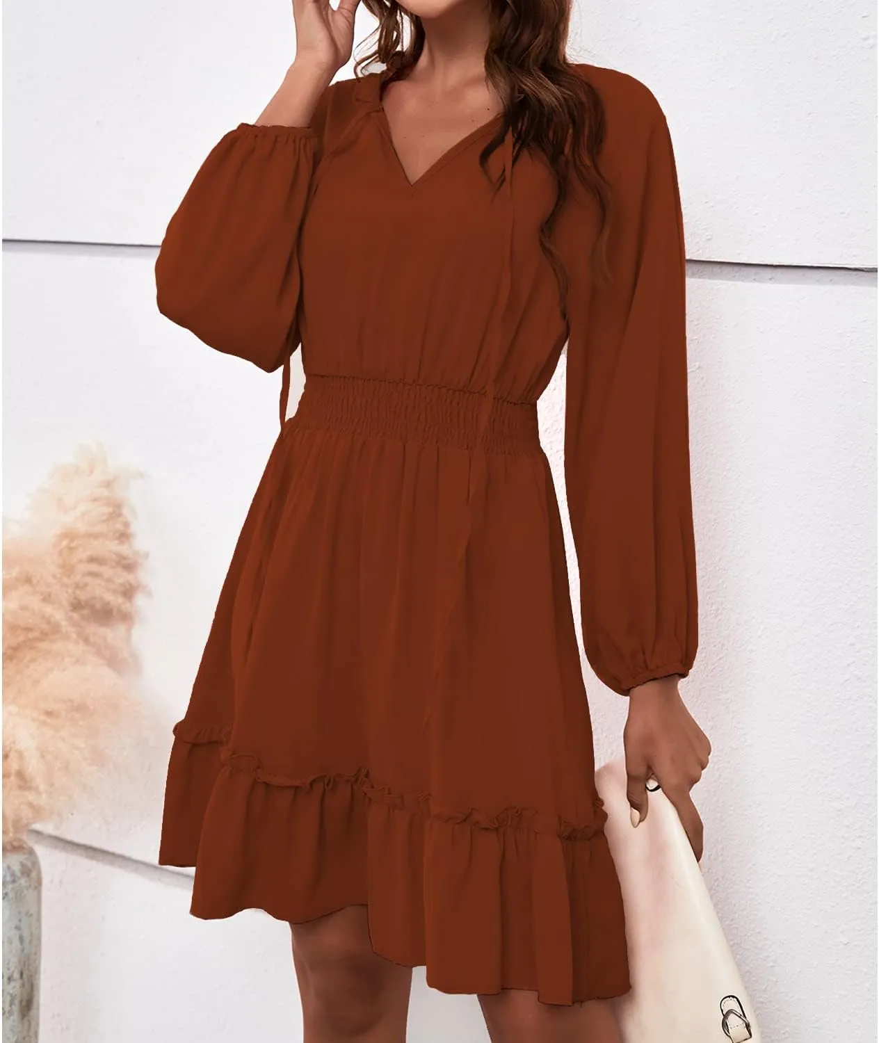 BROVAVE Women's Spring Summer Casual V-Neck Tunic Dress Ruffle High Waist Long Sleeve Mini Dress