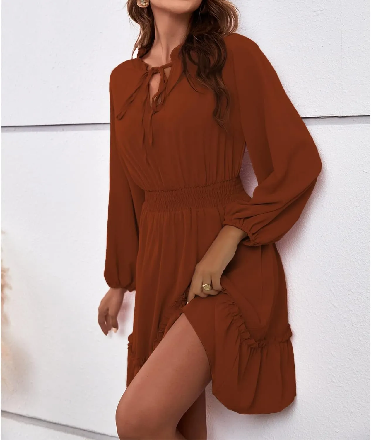 BROVAVE Women's Spring Summer Casual V-Neck Tunic Dress Ruffle High Waist Long Sleeve Mini Dress
