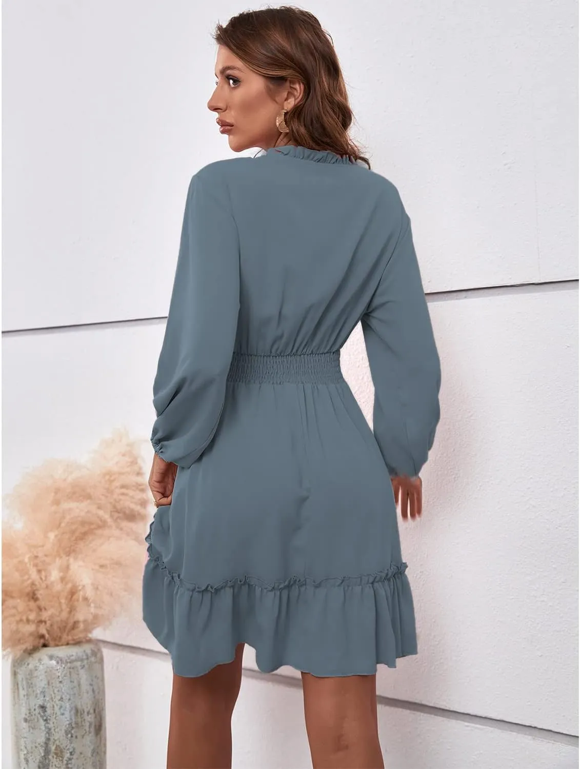 BROVAVE Women's Spring Summer Casual V-Neck Tunic Dress Ruffle High Waist Long Sleeve Mini Dress