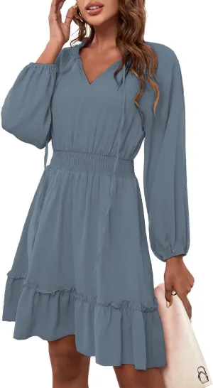 BROVAVE Women's Spring Summer Casual V-Neck Tunic Dress Ruffle High Waist Long Sleeve Mini Dress