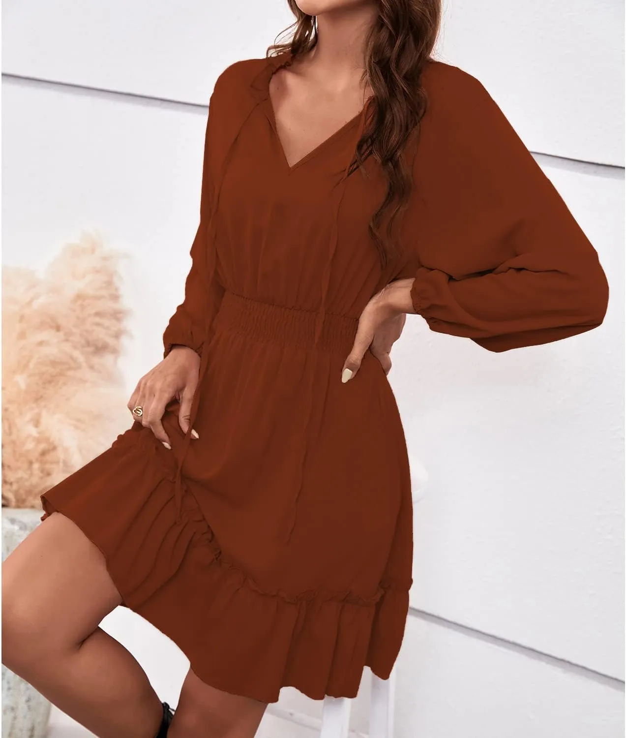 BROVAVE Women's Spring Summer Casual V-Neck Tunic Dress Ruffle High Waist Long Sleeve Mini Dress