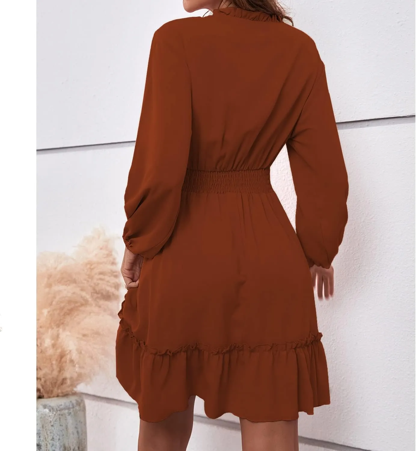 BROVAVE Women's Spring Summer Casual V-Neck Tunic Dress Ruffle High Waist Long Sleeve Mini Dress