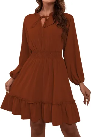BROVAVE Women's Spring Summer Casual V-Neck Tunic Dress Ruffle High Waist Long Sleeve Mini Dress