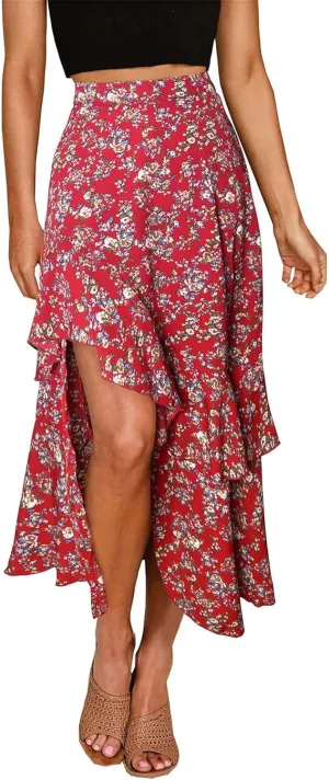 BTFBM Women 2025 Summer Spring Boho Long Skirts Dress Floral Print Elastic Waist Split Ruffle High Low Beach Maxi Skirt