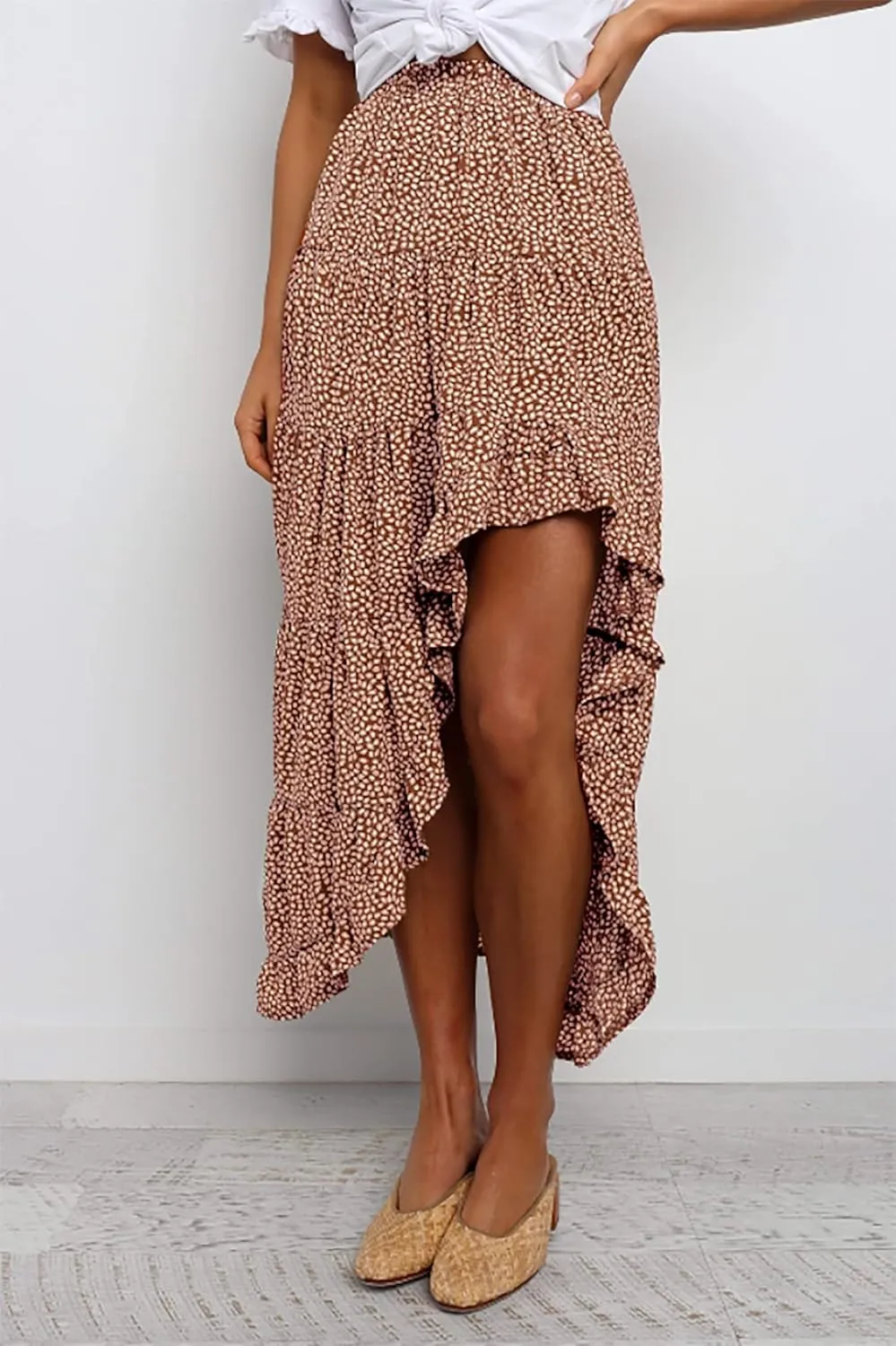 BTFBM Women 2025 Summer Spring Boho Long Skirts Dress Floral Print Elastic Waist Split Ruffle High Low Beach Maxi Skirt