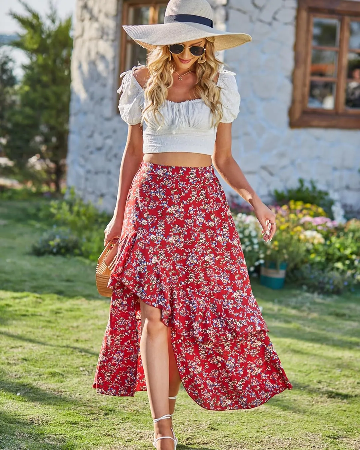 BTFBM Women 2025 Summer Spring Boho Long Skirts Dress Floral Print Elastic Waist Split Ruffle High Low Beach Maxi Skirt