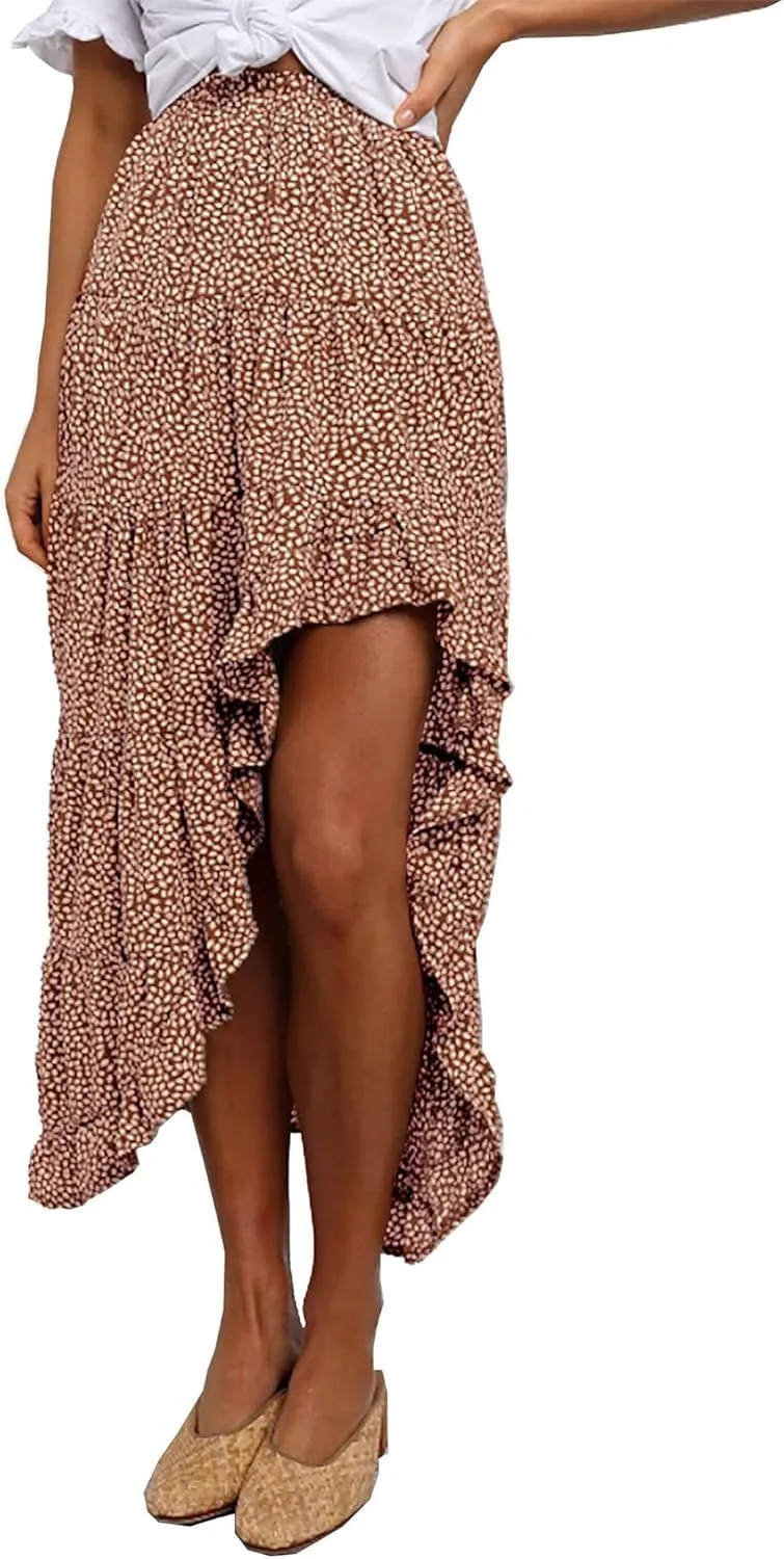 BTFBM Women 2025 Summer Spring Boho Long Skirts Dress Floral Print Elastic Waist Split Ruffle High Low Beach Maxi Skirt