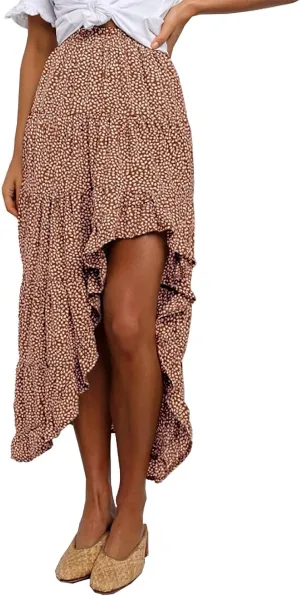 BTFBM Women 2025 Summer Spring Boho Long Skirts Dress Floral Print Elastic Waist Split Ruffle High Low Beach Maxi Skirt