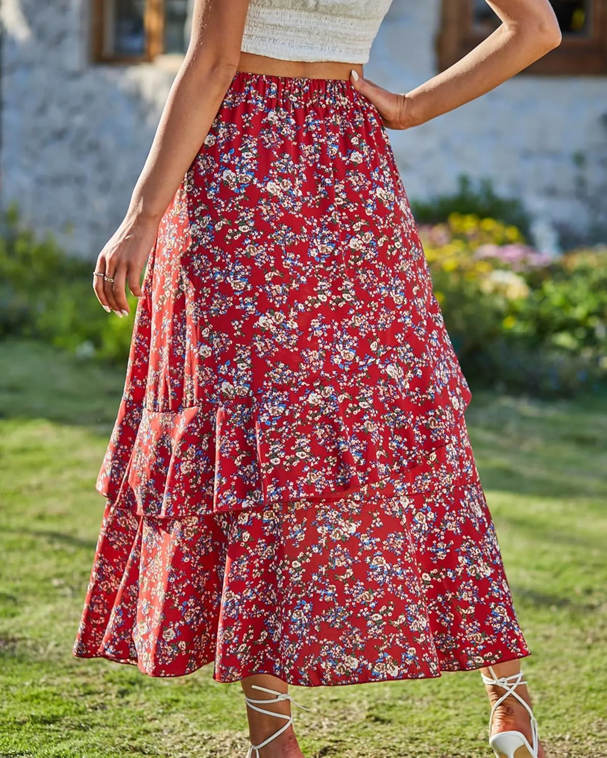 BTFBM Women 2025 Summer Spring Boho Long Skirts Dress Floral Print Elastic Waist Split Ruffle High Low Beach Maxi Skirt