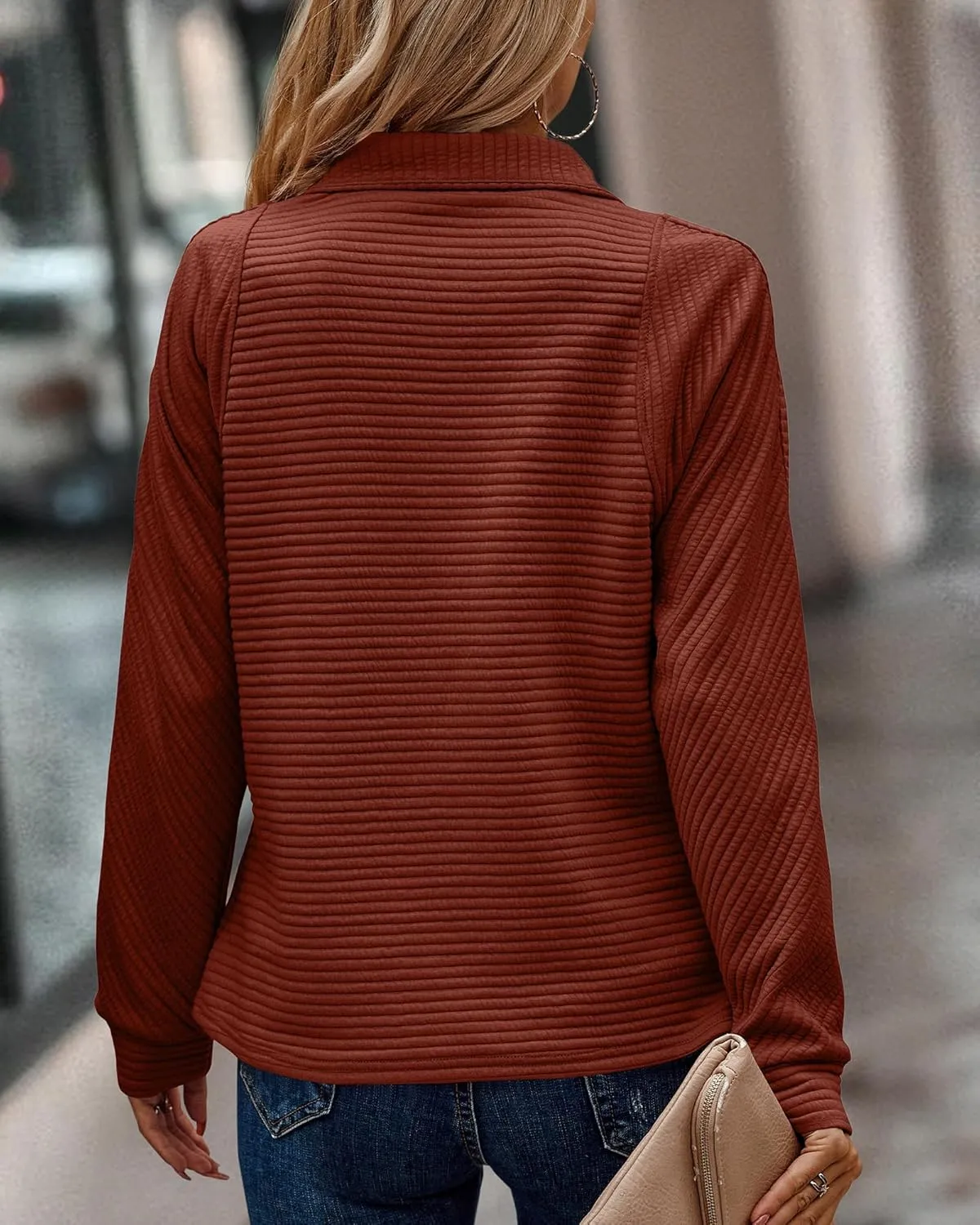 BTFBM Womens 2024 Fall Fashion Quarter Zip Sweatshirts Half Zip Casual Long Sleeve Solid Color V Neck Pullover Tops
