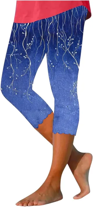 Capri Leggings for Women Floral Print High Waist Capris Pants Tummy Control Knee Length Slim Yoga Cropped Trouser