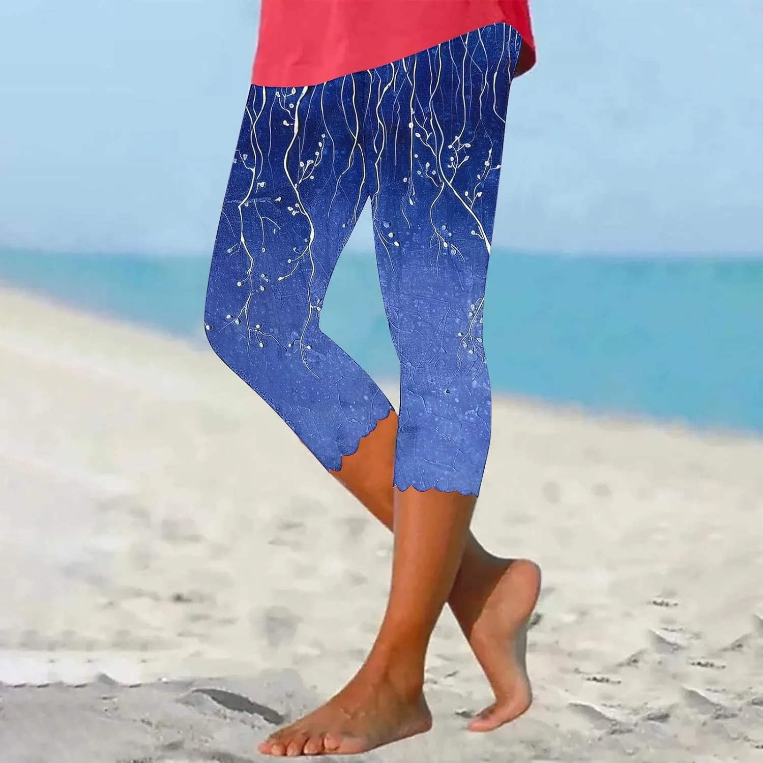 Capri Leggings for Women Floral Print High Waist Capris Pants Tummy Control Knee Length Slim Yoga Cropped Trouser