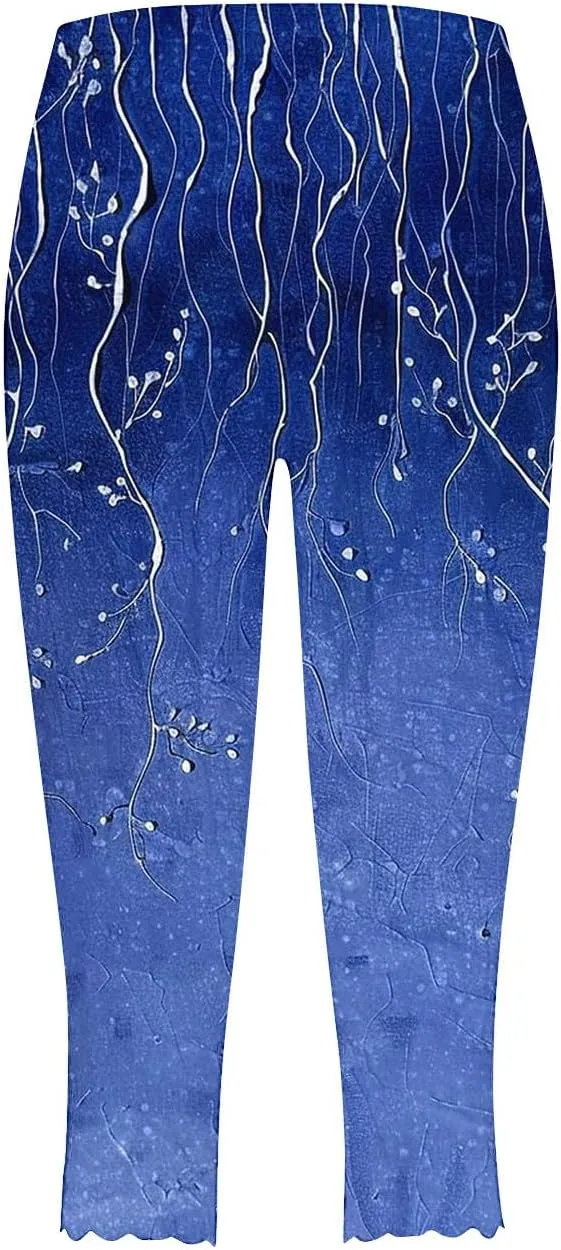 Capri Leggings for Women Floral Print High Waist Capris Pants Tummy Control Knee Length Slim Yoga Cropped Trouser