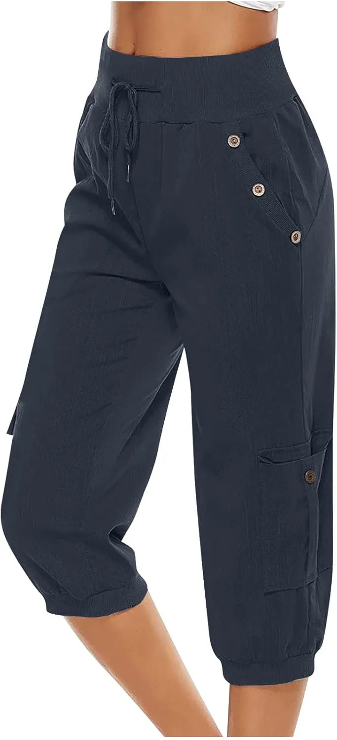 Capri Linen Pants for Women High Waisted Capris Plus Size Cropped Trousers Drawstring Summer Pants with Pockets