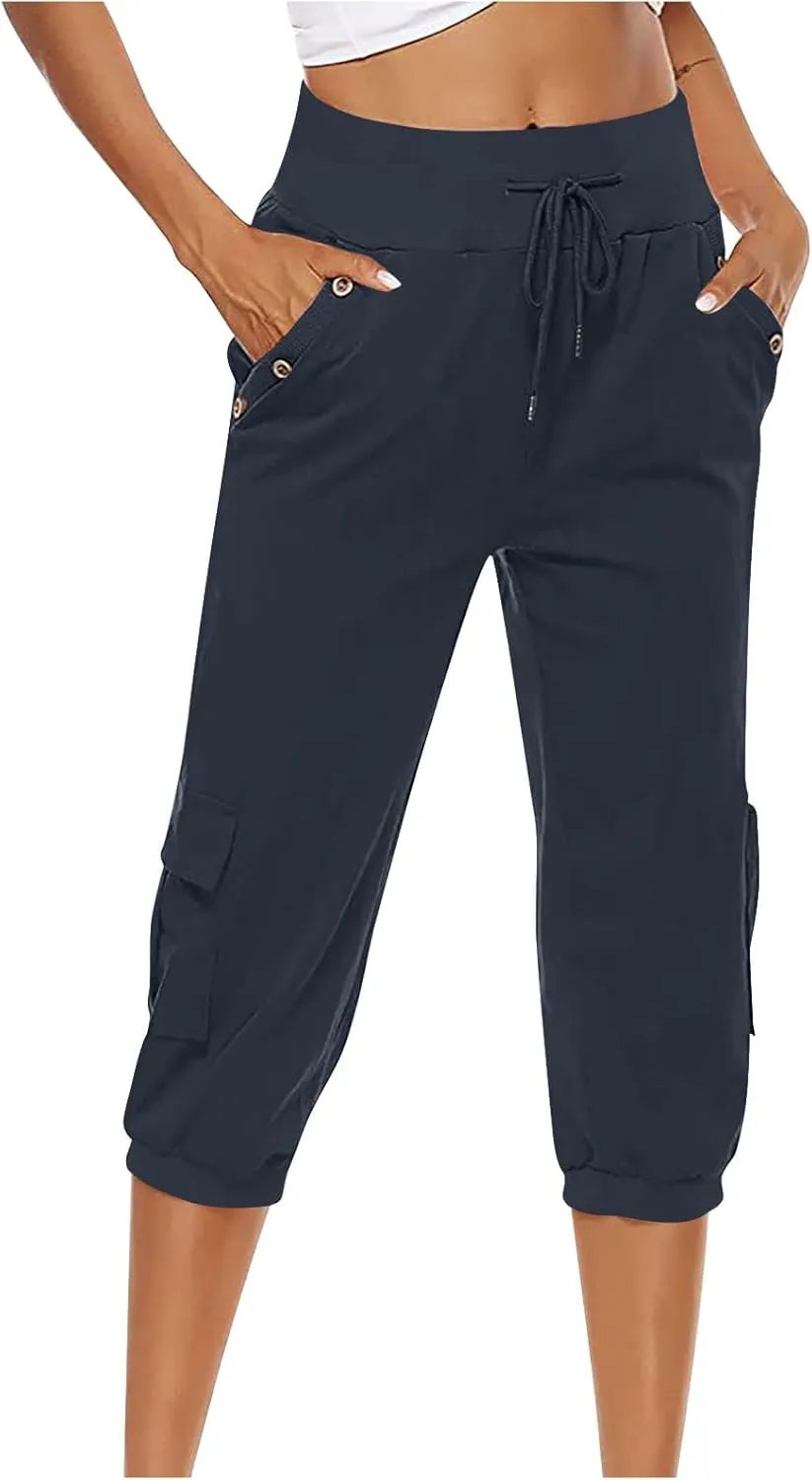 Capri Linen Pants for Women High Waisted Capris Plus Size Cropped Trousers Drawstring Summer Pants with Pockets
