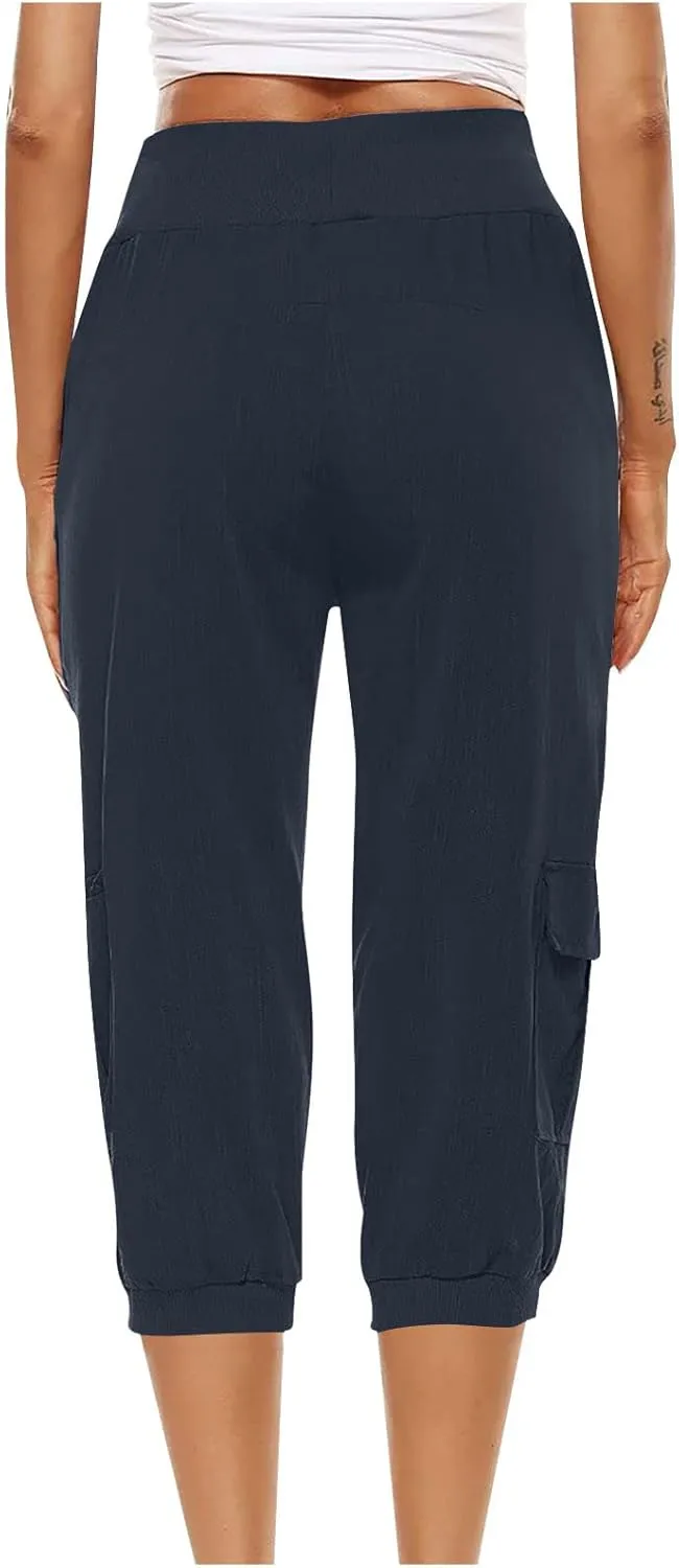Capri Linen Pants for Women High Waisted Capris Plus Size Cropped Trousers Drawstring Summer Pants with Pockets