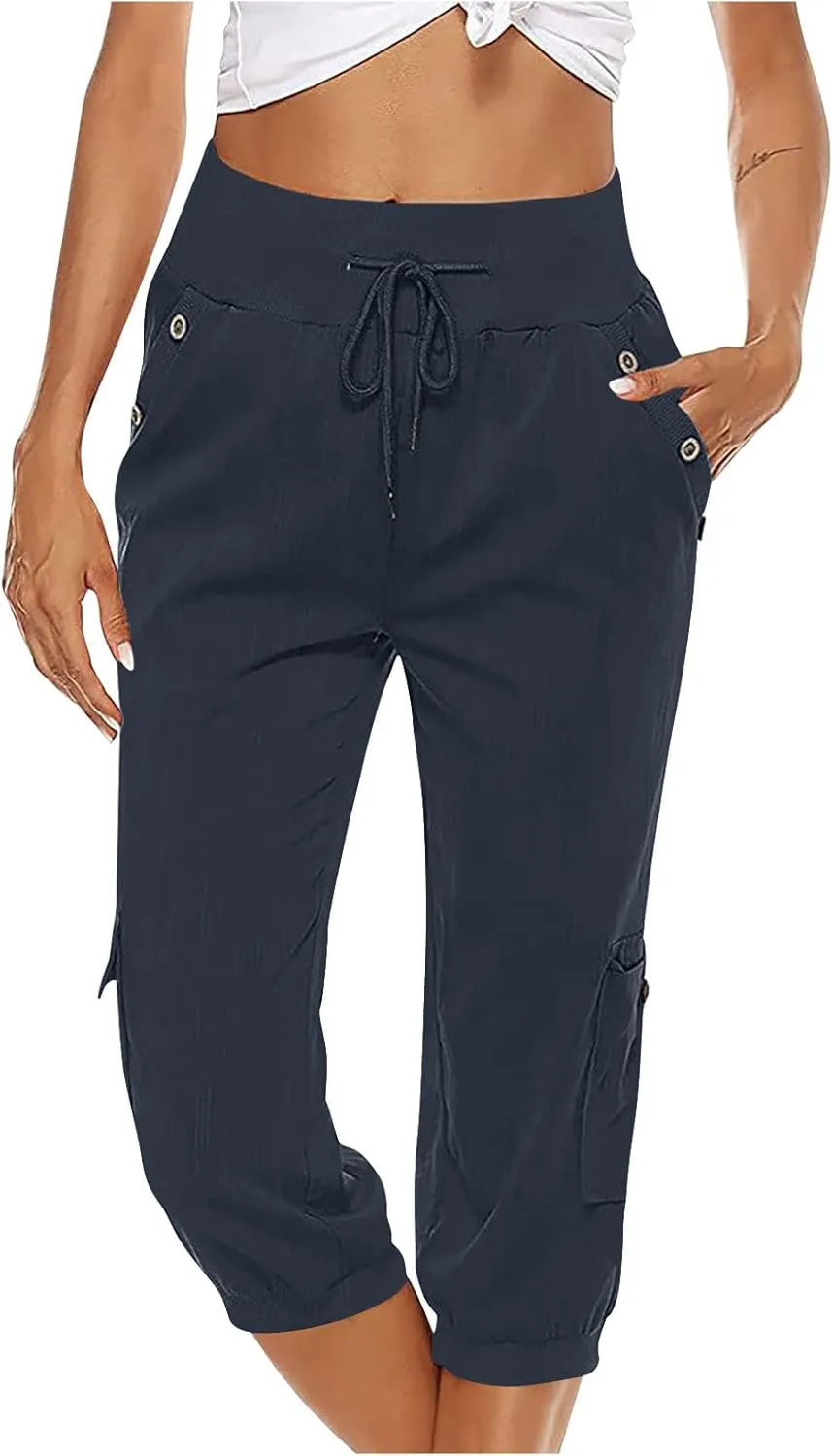 Capri Linen Pants for Women High Waisted Capris Plus Size Cropped Trousers Drawstring Summer Pants with Pockets
