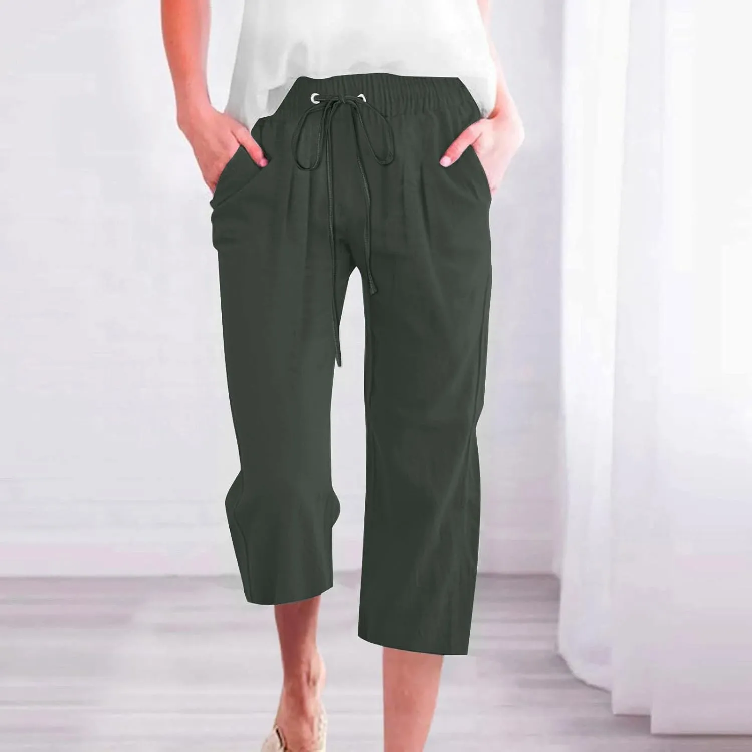 Capri Pants for Women Casual 20235 Summer Drawstring Elastic High Waist Linen Capri Straight Wide Leg Cropped Trousers