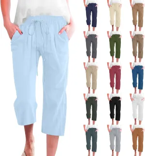 Capri Pants for Women Casual 20235 Summer Drawstring Elastic High Waist Linen Capri Straight Wide Leg Cropped Trousers