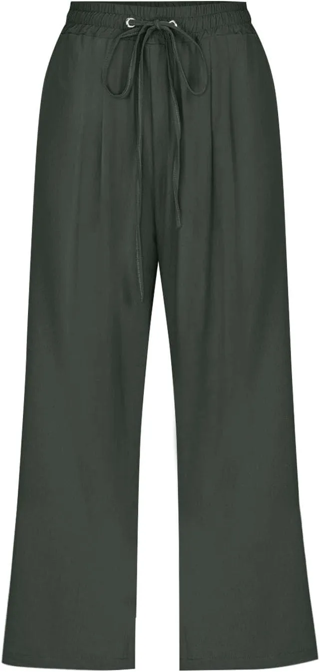 Capri Pants for Women Casual 20235 Summer Drawstring Elastic High Waist Linen Capri Straight Wide Leg Cropped Trousers