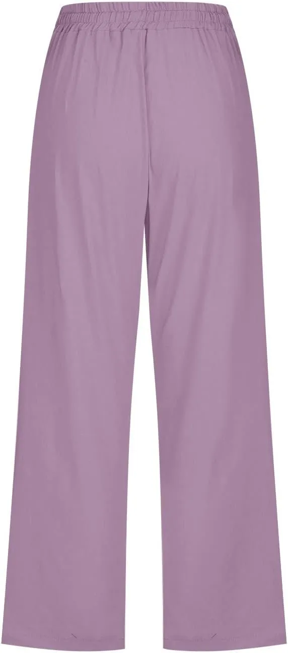 Capri Pants for Women Cotton Linen Pant Casual Summer Plus Size Drawstring Elastic Waist Capris Trouser with Pockets