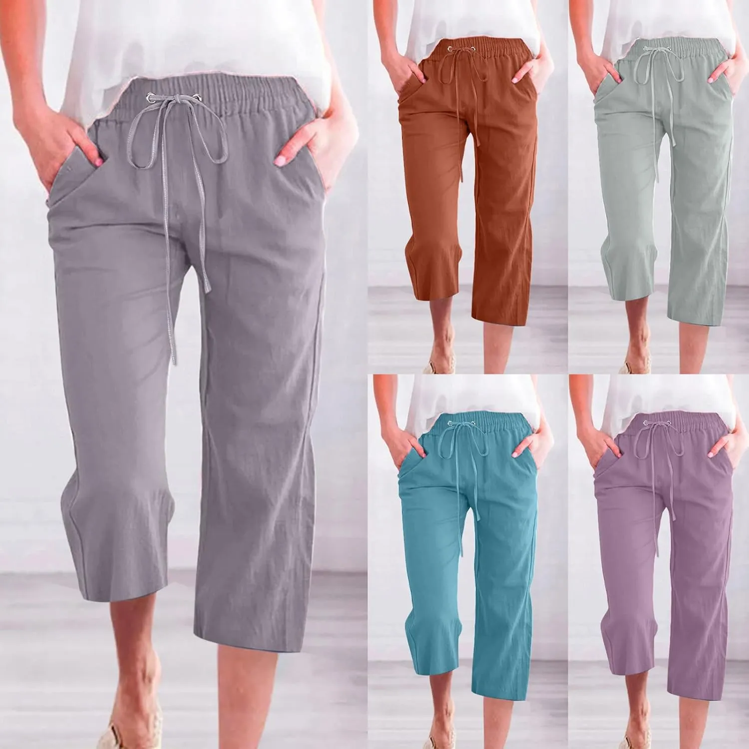 Capri Pants for Women Cotton Linen Pant Casual Summer Plus Size Drawstring Elastic Waist Capris Trouser with Pockets