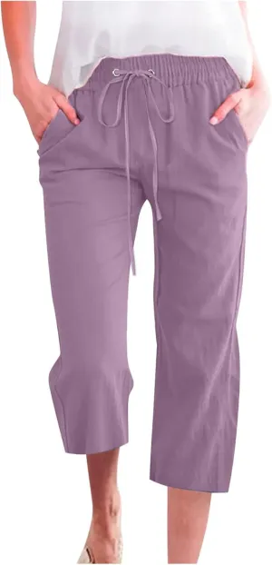 Capri Pants for Women Cotton Linen Pant Casual Summer Plus Size Drawstring Elastic Waist Capris Trouser with Pockets