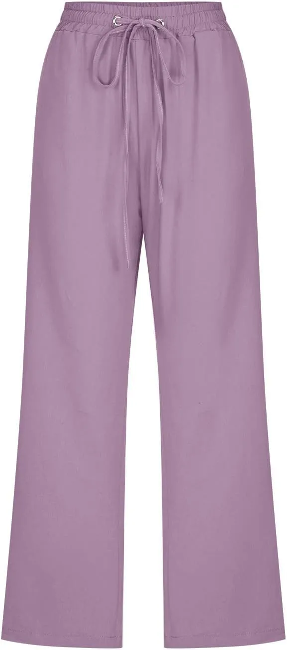 Capri Pants for Women Cotton Linen Pant Casual Summer Plus Size Drawstring Elastic Waist Capris Trouser with Pockets