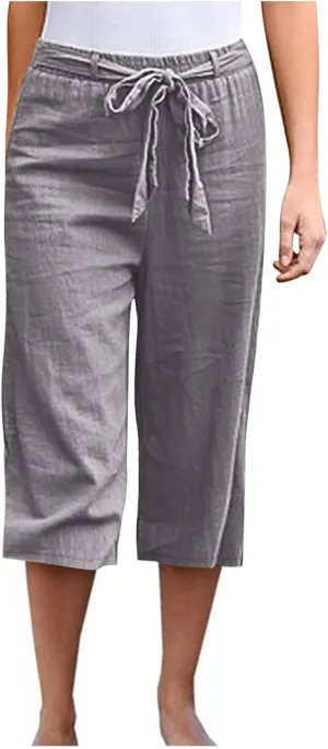 Capris Linen Pants Women Summer 2025 Dressy Casual Wide Leg Lounge Palazzo Pant High Waisted Flowy Beach Crop Trouser