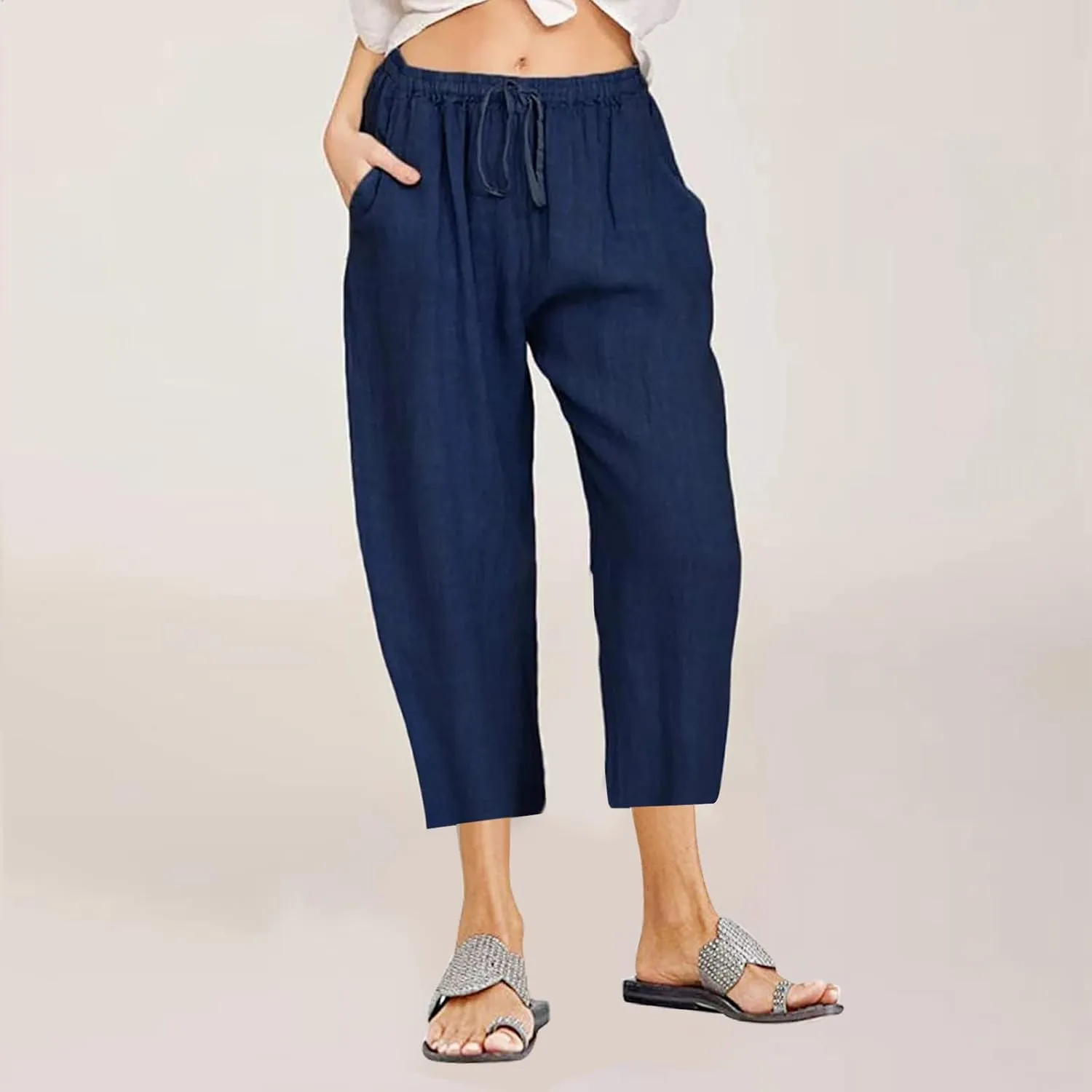 Capris Pants for Women Cotton Linen Casual Summer 2025 Loose Fit Drawstring Elastic Waist Cropped Trouser Beach Pants