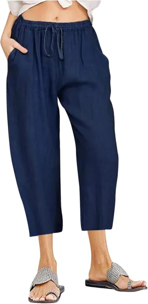 Capris Pants for Women Cotton Linen Casual Summer 2025 Loose Fit Drawstring Elastic Waist Cropped Trouser Beach Pants