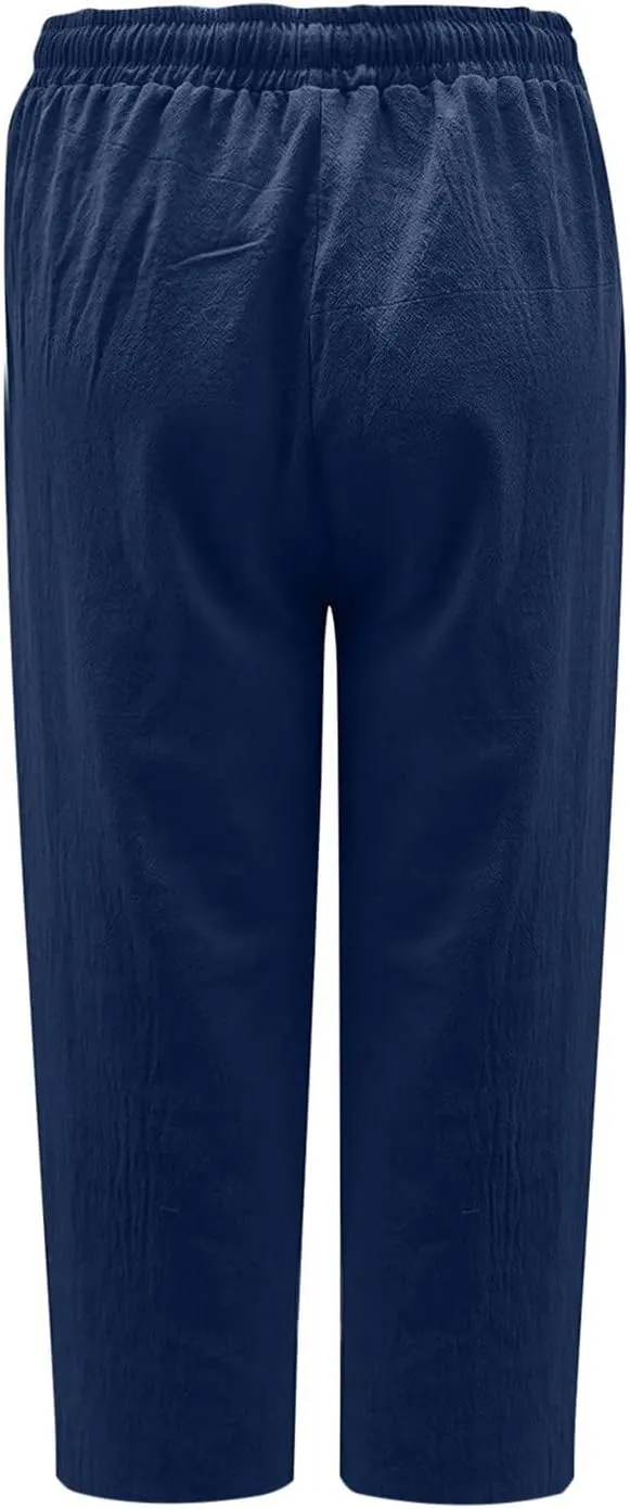 Capris Pants for Women Cotton Linen Casual Summer 2025 Loose Fit Drawstring Elastic Waist Cropped Trouser Beach Pants