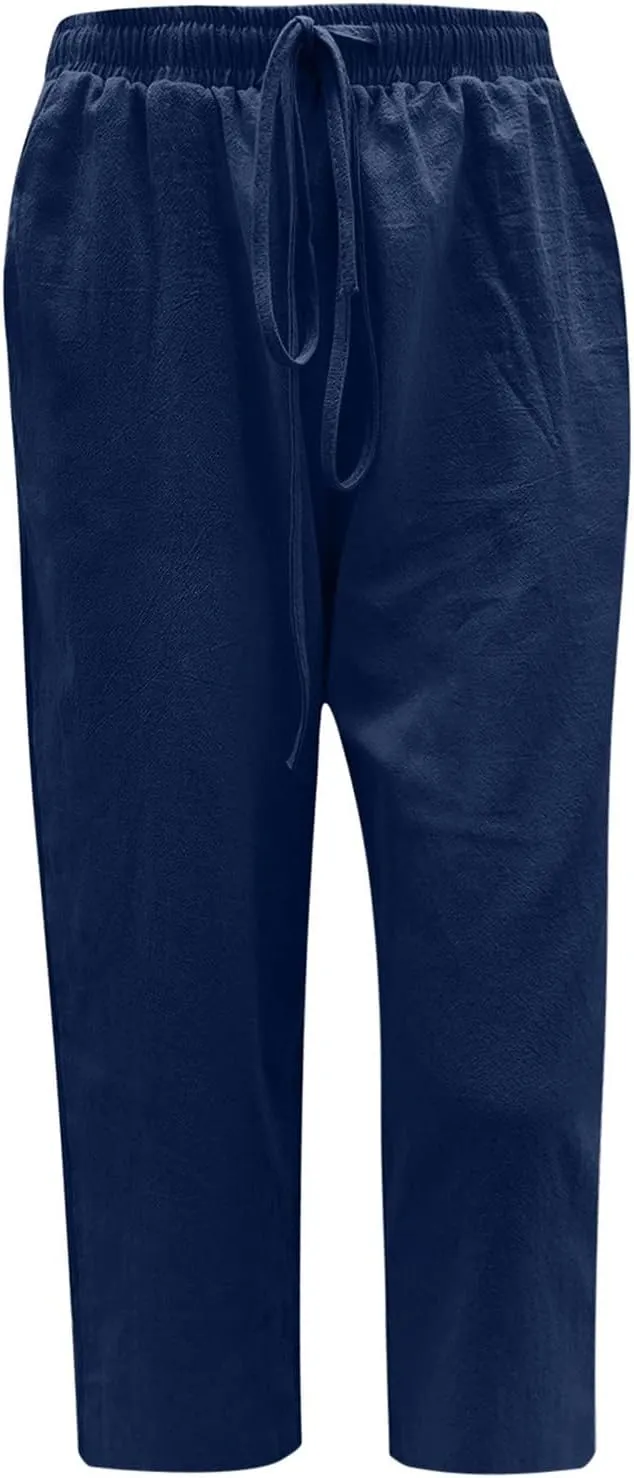 Capris Pants for Women Cotton Linen Casual Summer 2025 Loose Fit Drawstring Elastic Waist Cropped Trouser Beach Pants