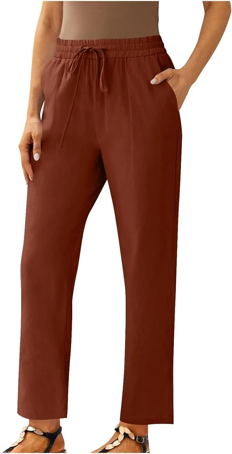Capris Pants for Women Cotton Linen Casual Summer Straight Wide Leg Beach Drawstring Elastic Waist Cropped Trousers