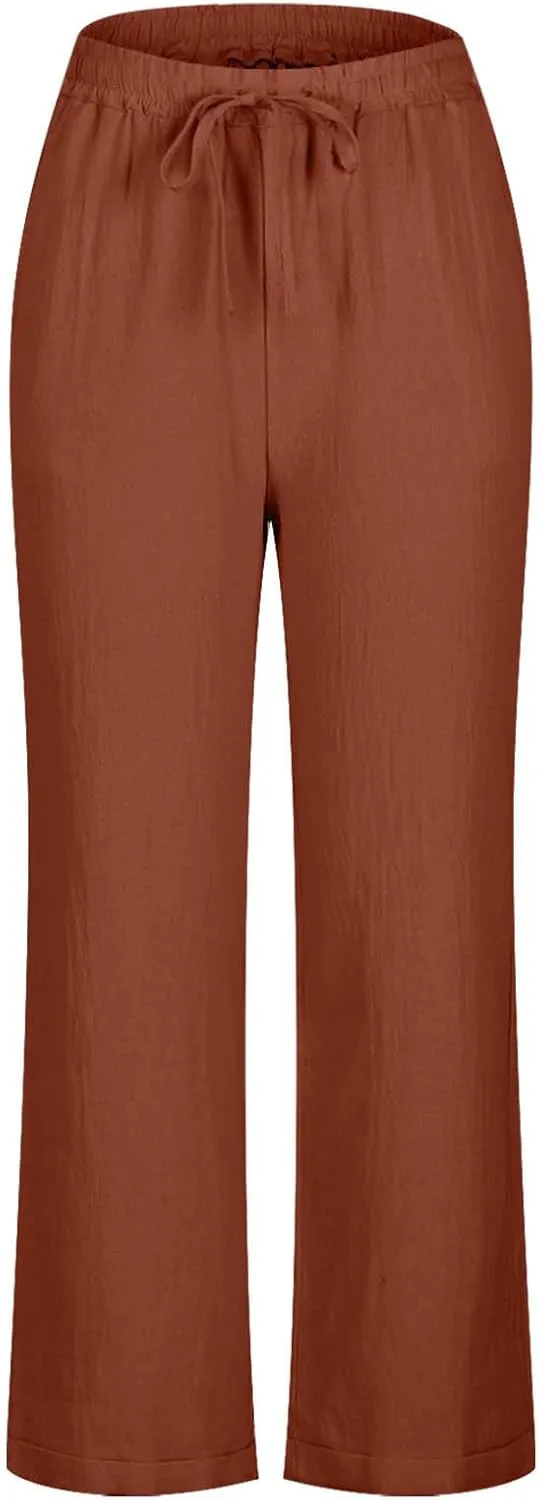 Capris Pants for Women Cotton Linen Casual Summer Straight Wide Leg Beach Drawstring Elastic Waist Cropped Trousers