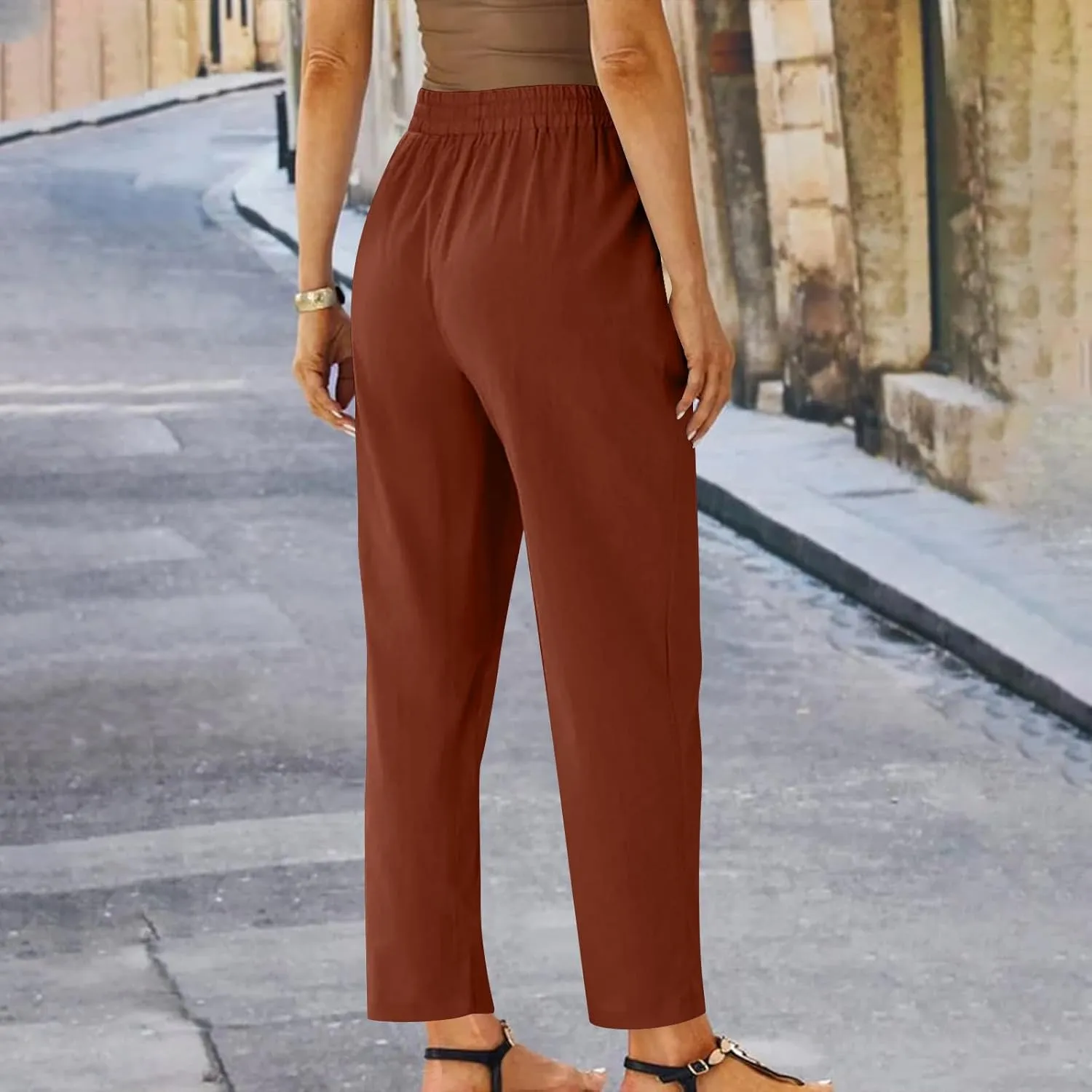 Capris Pants for Women Cotton Linen Casual Summer Straight Wide Leg Beach Drawstring Elastic Waist Cropped Trousers