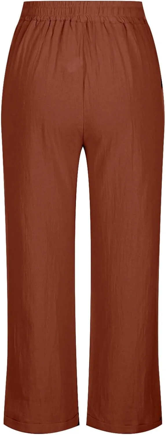 Capris Pants for Women Cotton Linen Casual Summer Straight Wide Leg Beach Drawstring Elastic Waist Cropped Trousers