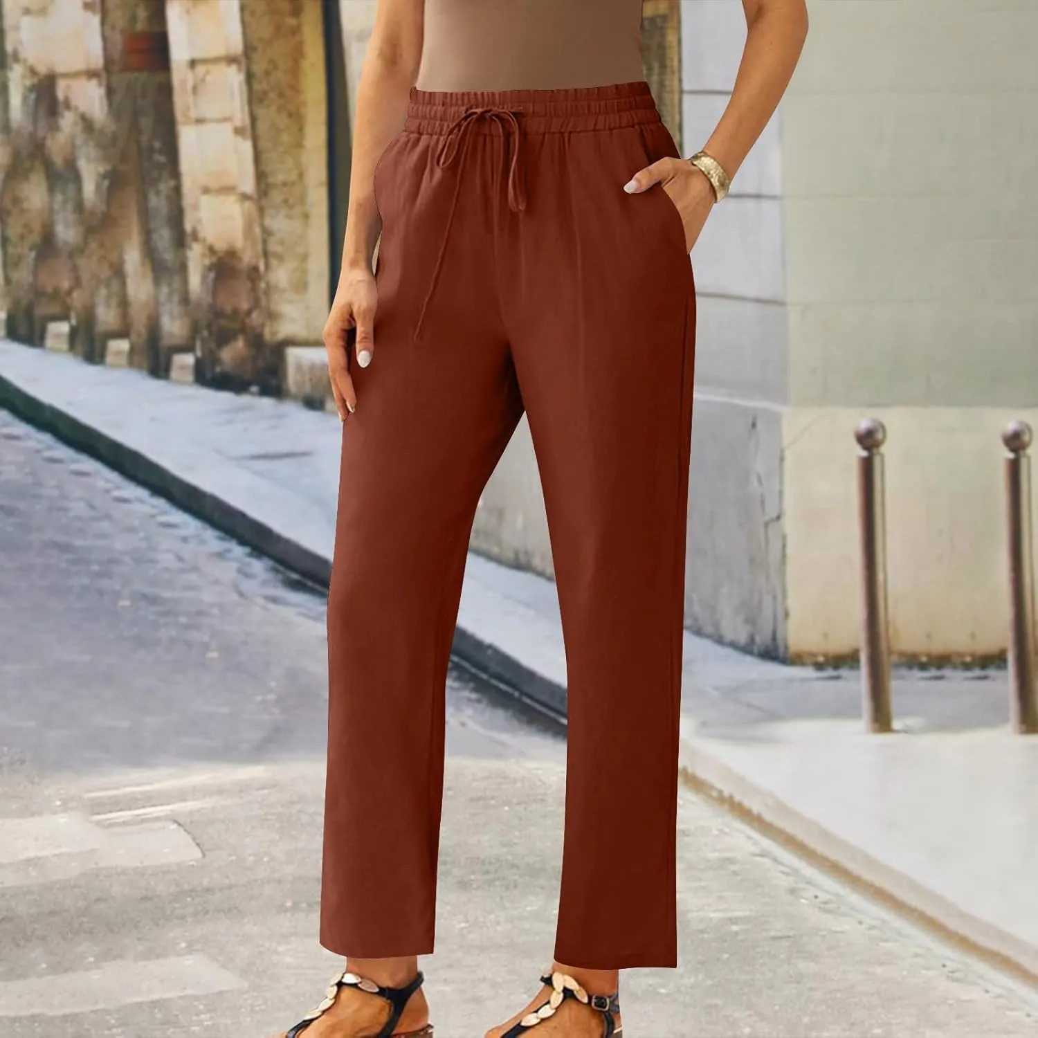 Capris Pants for Women Cotton Linen Casual Summer Straight Wide Leg Beach Drawstring Elastic Waist Cropped Trousers
